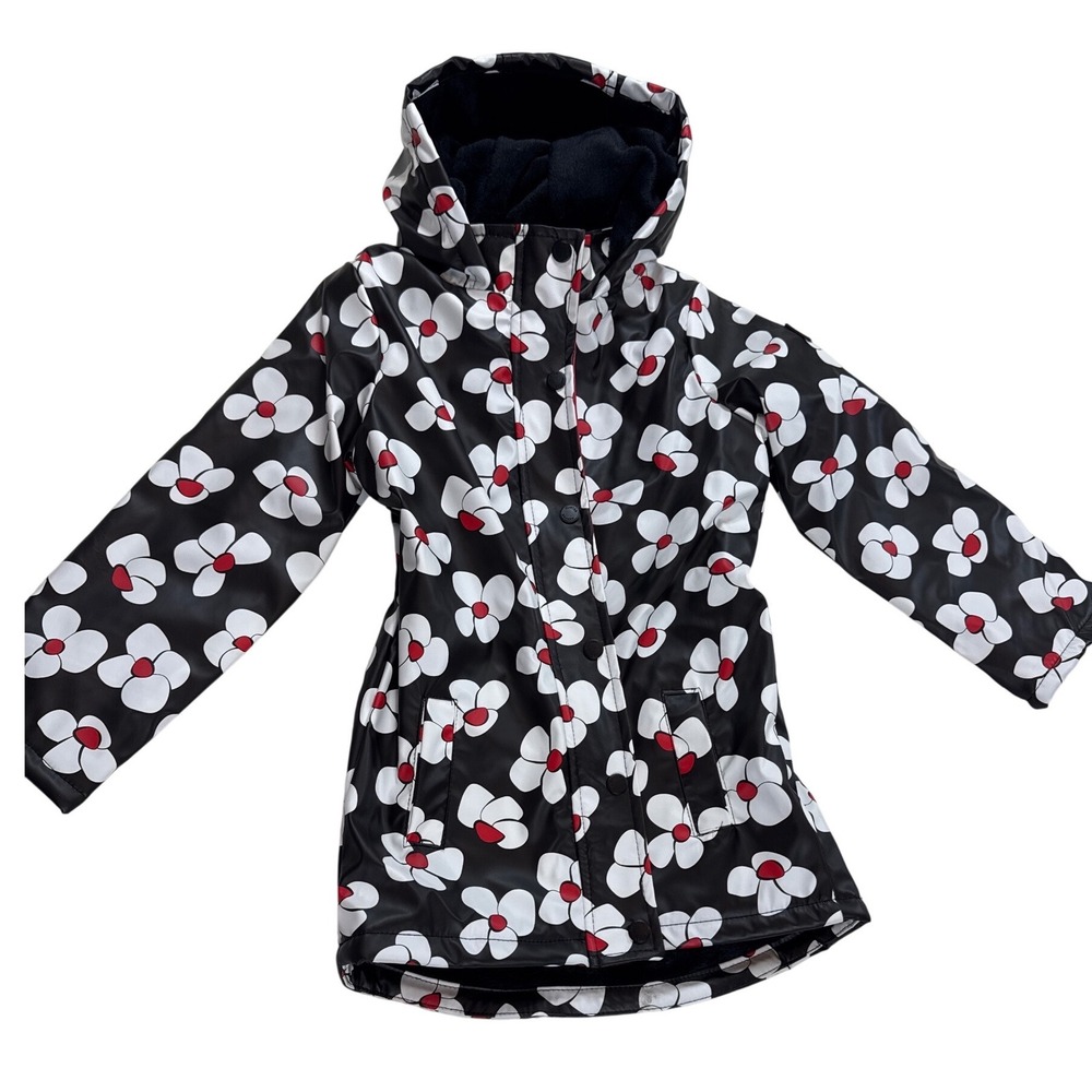 Hunter Girls Floral Rain Jacket Black White Red Fleece Lined Hooded Coat Size 6